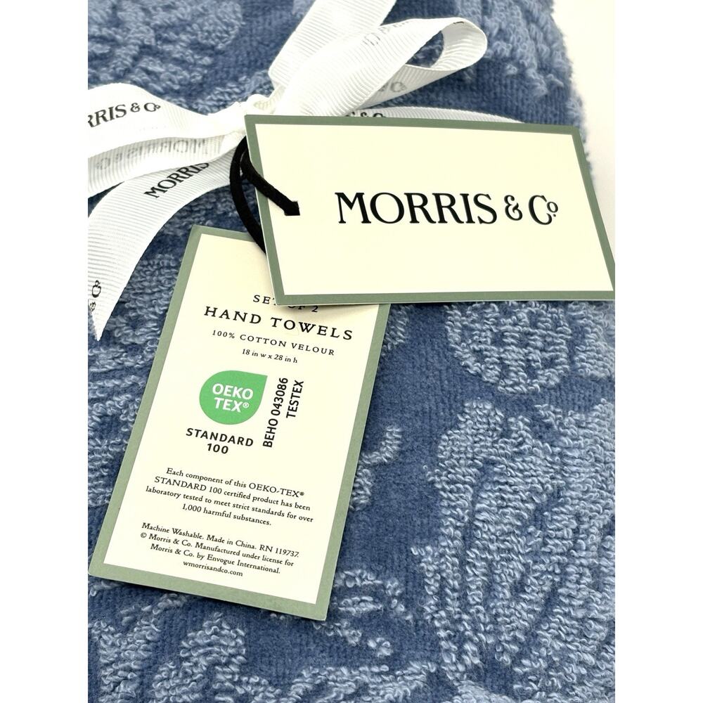 William Morris Co Hand Towels Strawberry Thief Blue Velour NWT Set Of 2 - Picture 6 of 12